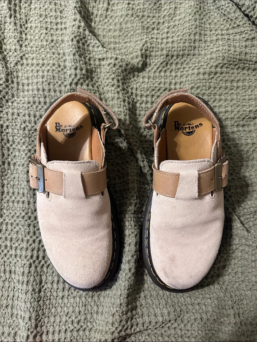Dr. Martens Beige Suede Buckle Clog Sandals